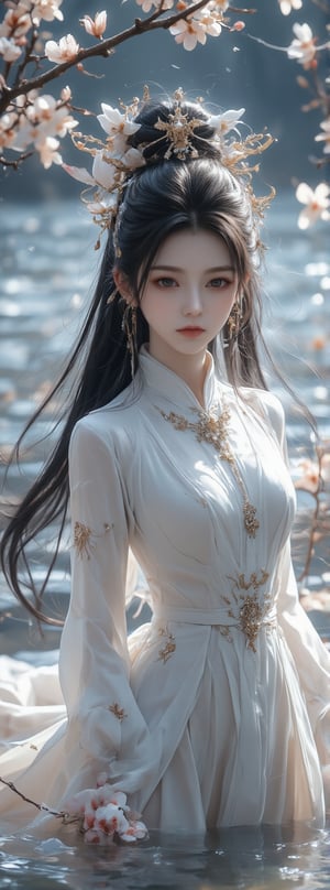 Score_9, score_8_up, score_7_up, A stunning scene unfolds: A single girl with long, flowing black hair adorned with a hair ornament stands tall, her upper body framed by a lush tree's branches. She wears a crisp white Chinese-style dress and holds a gleaming sword in one hand, its edge glinting in the soft light. Her other hand cradles a bouquet of delicate petals, as if plucked from the nearby flowers that fall gently around her like a natural veil. The air is serene, with the water's gentle lapping creating a soothing background hum. movie special effects style.