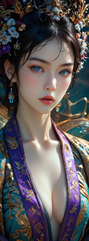 Score_9, score_8_up, score_7_up, A majestic tableau unfolds: a stunning ancient Oriental woman stands in regal pose, her porcelain complexion illuminated by soft, golden lighting. Delicate features, including high cheekbones and a subtle smile, are rendered in exquisite detail. Her piercing eyes, like dark jewels, seem to bore into the viewer's soul. A single strand of white hair escapes her imperial headdress, adding a touch of wisdom and mystique. Against the vibrant purple patterns of her Hanfu robes, she appears as a serene goddess, flanked by the shimmering scales of a majestic green dragon, its body coiled around her like a living throne. Movie special effects grade style.