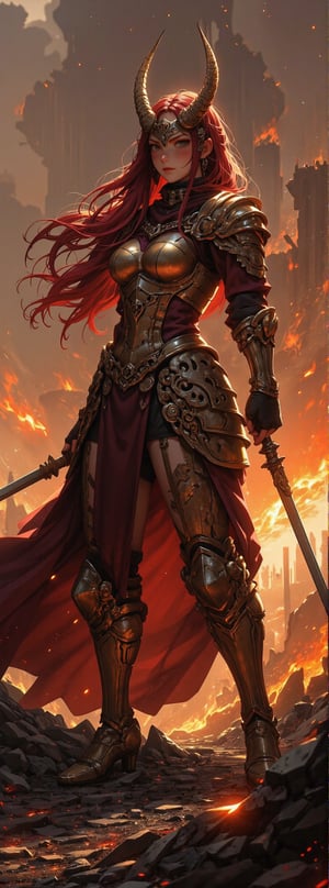 Score_9, score_8_up, score_7_up, In a smoldering battlefield, a magnificent female knight stands tall, her long flowing red locks aglow in the fiery light. Her eyes, like amber embers, burn with determination as she surveys the ruins around her. The golden armor, adorned with intricate ram horns, seems to shimmer beneath the warm glow of the flames. Her skin radiates a gentle heat, as if infused with the warmth of the firelight, and her facial expression is a fierce blend of resolve and unyielding courage. In a dynamic pose, she stands life-size, her anatomy perfection personified. The digital drawing mode captures every detail, from the texture of her skin to the subtle nuances of her facial features. The 4K anime style quality shines through in the vibrant colors, HDR depth, and perfect focus on this heroic warrior. Movie special effects grade style.