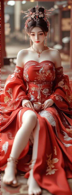 Score_9, score_8_up, score_7_up, a beautiful beauty with ancient oriental charm, wearing a red gold phoenix embroidered wedding dress, with an elegant frontal posture, surrounded by the splendor of a luxurious wedding banquet. With her long legs stretched out on the ground and a cup of tea in her hand, she exuded a calm demeanor. The Tang Dynasty-style headdress and jewelry added to her beauty, while the red open sleeves and thin shoulders highlighted her curves. In the background, the luxurious interiors of the mansion create a lively atmosphere, and the panoramic view transports the viewer into this unforgettable moment. Movie special effects style.