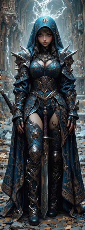 Score-9, score_8_up, score_7_up, In a storm-tossed landscape of rugged grey stone and swirling darkness, a mysterious female dark knight stands tall. Wearing elaborately crafted armor with elegant dark blue inlays, her shrouded in a tattered cloak that billows behind them like a black cloud. Her face is hidden beneath a hood, but her glowing red eyes burn bright as embers, piercing the gloom. The air is electric with otherworldly energy as lightning crackles and sparks dance across the scene. Frostmourne, the epic sword, glows with an ethereal light in her grasp. Amidst the turmoil, debris falls like autumn leaves from a midnight sky, casting long shadows that seem to writhe like living tendrils. Movie special effects grade style.