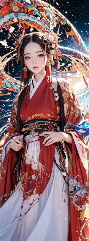 (masterpiece, top quality, best quality, official art, beautiful and aesthetic:1.2), (1girl), extreme detailed,(abstract, fractal art:1.3),highest detailed, detailed_eyes, light_particles, hanfu,jewelry, sexy, ,red,ru skirt,realhands