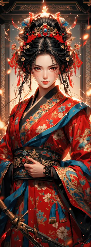 Score_9, score_8_up, score_7_up, An anime styleregal beauty stands majestically within an opulent ancient oriental palace, her lavish dress a masterpiece of ornate embellishments, intricate embroidery, and dazzling accessories. The traditional pattern-adorned silk fabric shimmers in harmony with bright colors and elaborate headdresses, blending Eastern aesthetics and martial arts flair. Framed by intricately carved wooden screens and sweeping archways, the stately subject's pose exudes confident poise, as if ready to unleash her inner warrior. Movie special effects grade style.