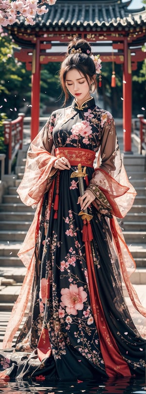 1girl, solo, long hair, black hair, hair ornament, dress, holding, jewelry, standing, closed eyes, weapon, flower, sword, hair flower, wide sleeves, water, hair bun, holding weapon, petals, holding sword, chinese clothes, single hair bun, cherry blossoms, sheath,dress floral print,Fairy in Clouds