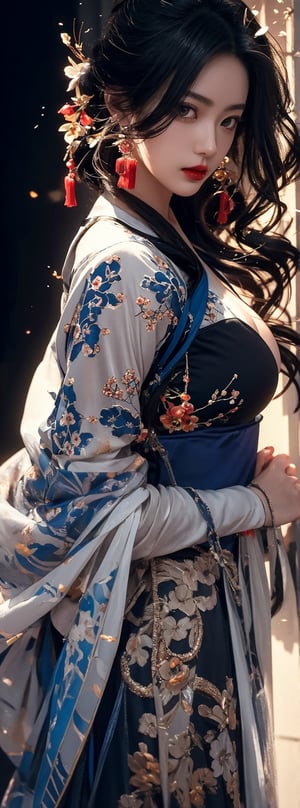 23 year old taiwanese beauty, solo, cool, black hair, looking at viewer, red lips, long eyelashes, natural huge breasts, hourglass figure, perfectly proportioned anatomical figure, slender fingers, super sharp detailed eyes, elegant Sexy, seductive, beautiful legs and hot body, blue sheer hanfu, (1girl: 1.4), (RAW photo, best quality), (real, photo real: 1.1), best quality, masterpiece, beauty and aesthetics, 16K, (HDR: 1.2), high contrast, (vivid colors: 1.3), (Soft Colors, Dull Colors, Soothing Tone: 0), Cinematic Lighting, Ambient Lighting, Side Lighting, Fine Details and Textures, Cinematic Lens, Warm Tone, (Bright and Intense: 1.1), Wide Angle Lens, xm887, Surrealist illustration, Siena's natural proportions, silver hair, dynamic pose, precisely anatomical body and hands, four fingers and a thumb,dress floral print,dress