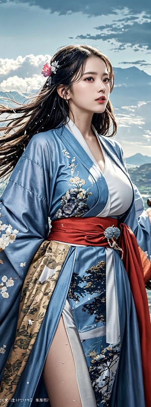 1girl, 23 year old Taiwanese beauty, solo, cool, looking at the viewer, long black hair, long sleeves, natural huge breasts, holding, weapon, outdoors, soaked see-through kimono, sky, day, sword, cloud, wide sleeves, kimono, water, holding weapon, sash, profile, floating hair, watermark, holding sword, obi, floral print, katana, wind, mountain, fighting stance, realistic, waves ,(1girl: 1.4), (original picture, best quality), (real, Photo Real: 1.1), Best Quality, Masterpiece, Beauty & Aesthetics, 16K, (HDR: 1.2), High Contrast, (Vivid Colors: 1.3), (Soft Colors, Dull Colors, Soothing Tone: 0) , Cinema Lighting, Ambient Light, Side Light, Fine Details and Textures, Cinematic Lens, Warm Colors, (Bright and Intense: 1.1), Wide Angle Lens, xm887, Surrealist Illustration, Siena's Natural Proportions, Silver Hair, Dynamic Posture, precise body and hand anatomy, four fingers and a thumb,