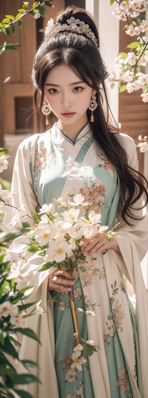 1girl, solo, long hair, black hair, hair ornament, dress, holding, jewelry, upper body, weapon, flower, earrings, sword, water, holding weapon, white dress, tree, petals, holding sword, chinese clothes, branch, falling petals. (1girl: 1.4), (Original, Best Quality), (Real, Photo: 1.1), Best Quality, Masterpiece, Beauty and Aesthetics, 16K, (HDR: 1.2), High Contrast, (Vivid Colors: 1.3) , (soft colors, dark colors, soothing tones: 0), cinematic light, ambient light, side light, fine details and textures, cinematic lenses, warm colors (bright and intense: 1.1), wide angle photography, xm887, surreal illustration, tin Jena's natural proportions, silver hair, dynamic pose, precise internal anatomy of the body and hand, four fingers and a thumb, 1 girl