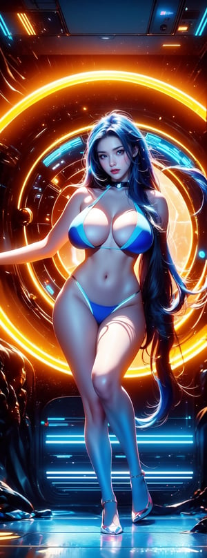 1girl, 23-year-old Taiwanese beauty, exquisite blue eyes, looking at the viewer, solo, cool, supermodel, model pose, red lips, ((blue gradient long hair)), ((naturally large breasts)), perfect body, perfect legs, digital art work, otherworldly The temperament, nude, dynamic posture, being in spaceship, (cyberpunk style), (dream-like game world),
