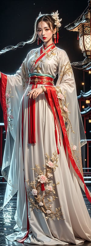 1girl, 23yo Taiwanese beauty, solo, cool, looking at viewer, brunette, hair accessory, long sleeves, holding, blue eyes, jewelry, closed mouth, standing, cowboy shot, earrings, outdoor, sky, clouds, from below, nail polish, red lips, belt, night, glow, chain, forehead mark, gorgeous Hanfu, tassels, red nails, smoke, lantern, white python, magic, East Asian architecture, high bun, pagoda