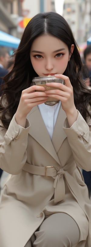 Score_9, score_8_up, score_7_up, An Asian stylish professional beauty, light-colored long trench coat, coffee, busy street, low angle shot, wide angle shot