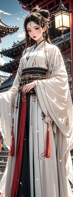 1girl, 23yo Taiwanese beauty, solo, cool, looking at viewer, brunette, hair accessory, long sleeves, holding, yellow eyes, jewelry, closed mouth, standing, cowboy shot, earrings, outdoor, sky, clouds, from below, nail polish, red lips, belt, night, glow, chain, forehead mark, Hanfu, tassels, red nails, smoke, lantern, white python, magic, East Asian architecture, high bun, pagoda