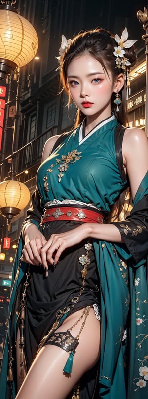 1girl, 23yo Taiwanese beauty, solo, cool, looking at viewer, brunette, hair accessory, long sleeves, holding, blue eyes, jewelry, closed mouth, standing, cowboy shot, earrings, outdoor, sky, clouds, from below, nail polish, red lips, belt, night, glow, chain, forehead mark, Hanfu, tassels, red nails, smoke, lantern, white python, magic, East Asian architecture, high bun, pagoda