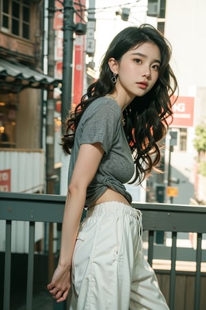 18 yo, beautiful korean girl, big eyes, wearing kpop style clothes (tight blue tee, white baggy long pants, sneakers),landscape (billboard), close mouth, solo, {beautiful and detailed eyes}, no direct sunlight, dark eyes, small breasts, calm expression, delicate facial features, ((model pose)), Glamor body type, (light hair:1.2), simple tiny earrings, simple tiny necklace,very_long_hair(wavy), hair past hip, bangs, curly hair, flim grain, realhands, masterpiece, Best Quality, 16k, photorealistic, ultra-detailed, finely detailed, high resolution, perfect dynamic composition, beautiful detailed eyes, eye smile, ((nervous and embarrassed)), sharp-focus, full_body, cowboy_shot