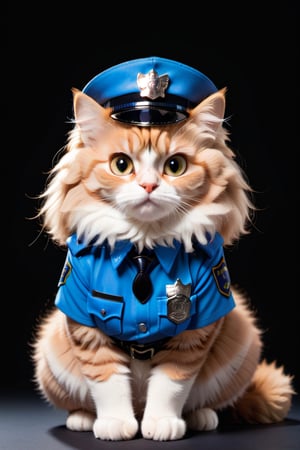  Fluffy cat in police officer costume, studio light style photographic portrait, black background, high resolution photo 