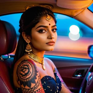 a 21 year old Indian  girl sitting in car , tattoo on her neck, look like a whore, beautiful face , ethnic dress, 
In night, street light,