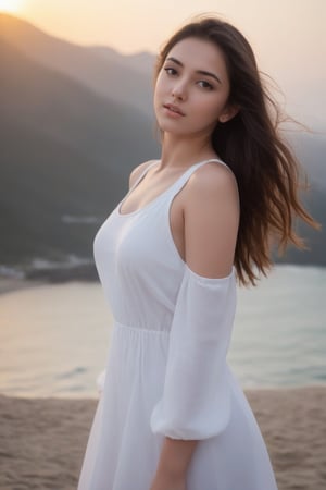 beautiful girl shine face sexy skart white dress standing mountain same to face very beautiful attractive verey nice beach Full photo 