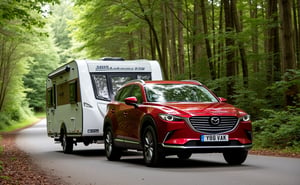 Photograph of a Mazda CS30 SUV pulling a modern caravan along a forest road in the UK
