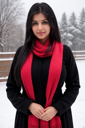 Lovely cute young attractive indian  girl,model 35 years old, cute model, long black_hair, black  hair, big breast, wearing kurti, snowfall