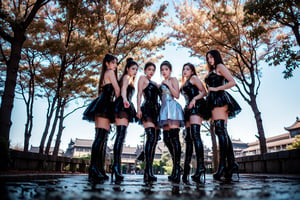 A masterpiece of cinematic elegance! A stunning group of girls, solo in the foreground, stand tall with confidence, their full bodies portrait perfect against a serene sky background. Soft, natural lighting casts a warm glow, accentuating their beautiful hands and intricate details on their pink Chinese dresses. The camera captures a Vogue model-like pose, complete with bangs, golden bracelets, and thigh boots that seem to shine like diamonds. The long, flowing hair cascades down their backs like a river of silk. In the distance, the majestic Sakura trees of Forbidden City stand tall, their beauty reflected in the girls' serene expressions. The overall aesthetic is one of soft, vivid colors, with a focus on cinematic lighting and photorealistic illustration.,black short sleeveless dress