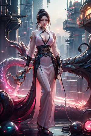 Full body,  {{{masterpiece}}},  {{{ the best quality}}},  {{{ultra-detailed}}},  {cinematic lighting},  {illustration}, 1girl, ((standing)),((pink transparent plugsuit)), strap dress,Cyberpunk,pink long ponytail hair, hourglass figure,  sexy pose, very big breasts,long skirts
,Cyberpunk, ,((chrometech)), Glowing ambiance,garterbelt,epic cinematic
,dragon_aodai_nam,float in the sky
