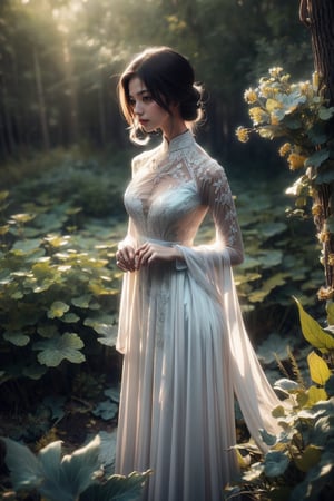 The image depicts a person in a white dress with their face obscured, standing outdoors amidst ethereal lighting. The person is wearing a long, white dress with intricate designs on the sleeves. Their face is obscured by a blurred square, making identification impossible. They are standing in an outdoor setting that appears to be a garden or forest, with trees and rocks visible in the background. Ethereal beams of light filter through the trees, casting an otherworldly glow on the scene. There's a mystical or serene atmosphere created by the combination of natural elements and lighting.,Ao Dai
