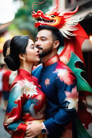 Masterpiece of a couple fat Vietnamese hugging each other,firework shape a dragon in the sky. The man in dark blue suit,40 years old;white highlight hair,short beard.Women 30 years old in red ao dai with lotus and phoenix pattern,short black hair.They are standing in the crowd of Old Quarter of Hanoi, Vietnam. 