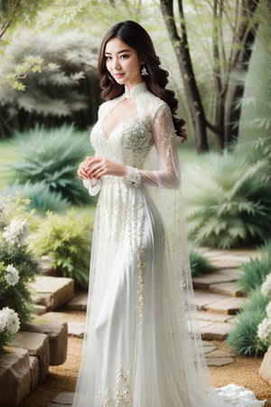 The image depicts a person in a white dress with their face obscured, standing outdoors amidst ethereal lighting. The person is wearing a long, white dress with intricate designs on the sleeves. Their face is obscured by a blurred square, making identification impossible. They are standing in an outdoor setting that appears to be a garden or forest, with trees and rocks visible in the background. Ethereal beams of light filter through the trees, casting an otherworldly glow on the scene. There's a mystical or serene atmosphere created by the combination of natural elements and lighting.,Ao Dai,ao dai,dress,woman