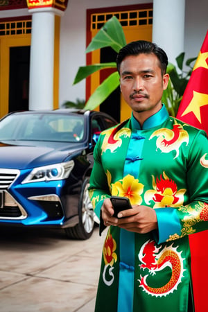A stylish Vietnamese man is leaning on a car, adorned in a traditional ao dai dress, while holding a cigar and smartphone. In the backdrop, thousand of drones flying create into a dragon shape displayed. This photo is from the R4W exhibition. The man exudes confidence and sophistication as he seamlessly blends traditional and modern elements in his attire and accessories. The vibrant dragon paintings in the background add a touch of cultural richness to the scene, creating a captivating juxtaposition of old and new. This compelling photograph encapsulates the essence of Vietnamese style and heritage, showcasing the fusion of tradition and contemporary influences.,studio lighting
