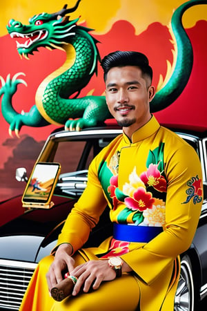 A stylish Vietnamese man sits on a car wearing a traditional ao dai dress, holding a cigar and smartphone. In the background, dragon paintings are visible. This photo is from the R4W exhibition.The man exudes an air of confidence and sophistication as he effortlessly combines traditional and modern elements in his attire and accessories. The vibrant dragon paintings in the background add a touch of cultural richness to the scene, creating a captivating juxtaposition of old and new. This captivating photograph captures the essence of Vietnamese style and heritage, showcasing the fusion of tradition and contemporary influences.,aesthetic portrait, cinematic moviemaker style,H effect