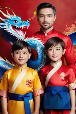 Master piece of a South East Asian family of 4 people, man 40 years old white short highlight hair,short beard, wife 30 years short hair in red ao dai, fat boy 10 years old in school uniform, skinny 8 years boy short hair in blue. dragon ao dai.