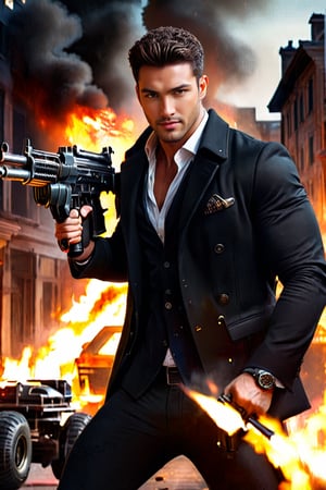 A handsome man with black blazer, holding a machine gun, firing at Giant Monster. Street in fire, moonlight high