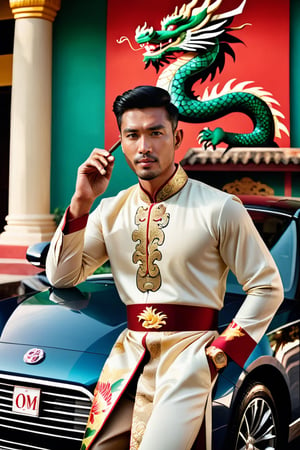 A stylish Vietnamese man sits on a car wearing a traditional ao dai dress, holding a cigar and smartphone. In the background, dragon paintings are visible. This photo is from the R4W exhibition.The man exudes an air of confidence and sophistication as he effortlessly combines traditional and modern elements in his attire and accessories. The vibrant dragon paintings in the background add a touch of cultural richness to the scene, creating a captivating juxtaposition of old and new. This captivating photograph captures the essence of Vietnamese style and heritage, showcasing the fusion of tradition and contemporary influences.,aesthetic portrait, cinematic moviemaker style,H effect,ral-polygon