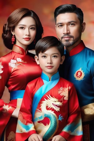 Master piece of a Vietnamese family of 4 people, man 40 years old white short highlight hair,short beard, wife 30 years short hair in red ao dai, fat boy 10 years old in school uniform, skinny 8 years boy short hair in blue. dragon ao dai.