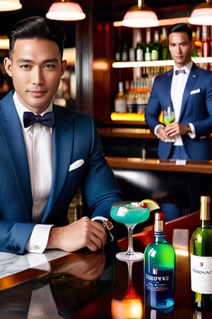 In the photo, we can see a good-looking Vietnamese man dressed in a dark blue Thom Browne suit and white Thom Browne shirt. He is sitting at the bar and enjoying a blue cocktail while the bartender in the background is mixing drinks using neon-colored wine bottles. The photo looks hyper-realistic.