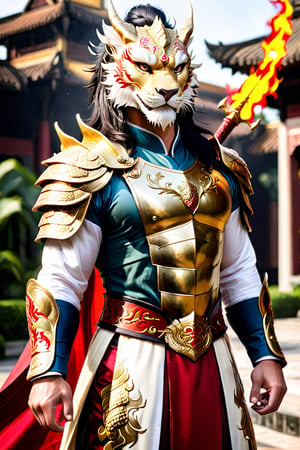In front of me stands a strikingly handsome Vietnamese lord, his short black hair adorned with white highlights. He is dressed in a regal golden dragon armor, which perfectly complements his chiseled features. In his right hand, he wields a large lion shield, a symbol of his strength and courage. His left hand grips a curved sword, its hilt encrusted with a sparkling ruby, a testament to his wealth and power. A fierce red eastern dragon stands beside him, its scales shimmering in the glare of the sun. The dragon exhales a fiery breath, a clear sign of its loyalty and allegiance to the man.,photo r3al,ao dai,Extremely Realistic,man,men,warrrior,Ao Dai,warrior,handsome