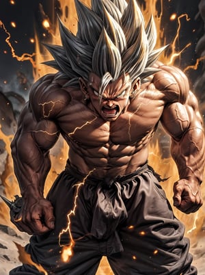 1boy, (male focus:1.1), (detailed muscular fit perfect body:1.2), (detailed beautiful angry songoku face), (detailed perfect hands), (detailed energy white piercing eyes), (detailed highlight golden spiked hair), SAIYA, super Saiyan, Aura of yellow energy crackling with electricity , detailed devastation background, lora:supersaiyan:0.6
,SAIYA