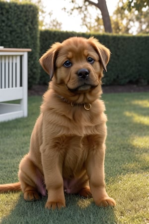 Generate an endearing image of a cute golden Rottweiler puppy. The puppy should have a friendly and gentle expression on its face, with warm, soulful eyes that radiate affection. Its fur should be a beautiful golden color, gleaming in the light and soft to the touch. The puppy's features should embody the characteristic strength and elegance of the Rottweiler breed, while also exuding a youthful charm and playfulness. The setting should be welcoming and inviting, perhaps a serene backyard or a cozy living room, with soft natural light accentuating the puppy's golden coat. Ensure that the image captures the unique blend of sweetness and strength that defines the golden Rottweiler, evoking a sense of warmth and admiration in the viewer