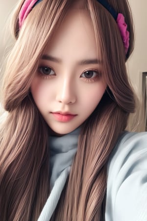 8K ultra-high-definition image of a cute girl with long, flowing hair styled in soft, romantic waves, with a delicate headband adding a touch of elegance."