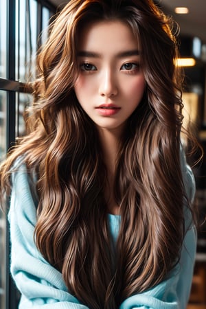 8K ultra-high-definition image of a cute teenage girl with long, flowing hair styled in soft, cascading waves, with subtle balayage highlights catching the light