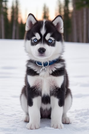 create an enchanting image of an adorable Husky puppy. The puppy should have striking, icy-blue eyes that sparkle with intelligence and playfulness. Its fur should be thick and fluffy, displaying a combination of white, gray, and black markings that are characteristic of the Husky breed. The puppy's ears should be alert and perky, adding to its endearing appearance. Capture the Husky's distinct features, such as its wolf-like appearance and elegant physique, while also showcasing its youthful exuberance and charm. Place the puppy in a natural setting, perhaps a snowy forest or a grassy meadow, with soft sunlight illuminating its fur. Ensure that the image conveys the Husky's unique blend of strength, grace, and affection, evoking a sense of wonder and delight in the viewer.