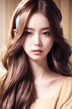 8K ultra-high-definition image of a cute girl with long, flowing hair styled in soft, romantic waves, with a delicate headband adding a touch of elegance."