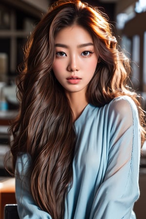 8K ultra-high-definition image of a cute teenage girl with long, flowing hair styled in soft, cascading waves, with subtle balayage highlights catching the light. srilankan girl , mainly focused on hair