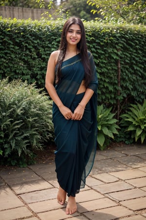 18 year old Indian women ,  wet hair, blue eyes, brown hair , long hair , smiling,  full body,  wearing black saree, wet hair, light brown eyes, brown hair , long hair , smiling, straight hair , blue eyes, brown hair , long hair, in the garden