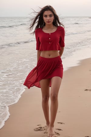 Cute indian girl 18 year, walking on the beach, Wear red top and skirt 