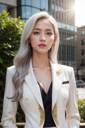 A hyper-realistic image of a beautiful Korean woman with long, striking ((white hair)) that flows down past her shoulders, standing outdoors in front of a modern building with large windows. In the background, a lush green tree adds natural contrast to the urban setting. Her skin is flawless and porcelain-like, highlighting her refined features and elegant beauty. She has a serious expression, her gaze focused slightly to the side, giving her a thoughtful and intense look.

She is wearing a fitted ((black top)) with intricate gold accents along the neckline and sleeves, giving her a regal, refined style. Over this, she has a ((white jacket)) with a gold emblem on the left side, symbolizing elegance and attention to detail in her outfit. The jacket is tailored to her form, highlighting her slim figure while adding sophistication to her overall look.

The lighting is natural, casting a soft glow that emphasizes her striking hair color and the subtle textures of her clothing. The image captures the depth of her expression and the richness of her attire, with the building and greenery creating a balanced, visually appealing setting. The overall atmosphere is poised and serious, with a touch of elegance and mystique.