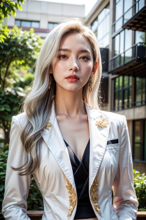 A hyper-realistic image of a beautiful Korean woman with long, striking ((white hair)) that flows down past her shoulders, standing outdoors in front of a modern building with large windows. In the background, a lush green tree adds natural contrast to the urban setting. Her skin is flawless and porcelain-like, highlighting her refined features and elegant beauty. She has a serious expression, her gaze focused slightly to the side, giving her a thoughtful and intense look.

She is wearing a fitted ((black top)) with intricate gold accents along the neckline and sleeves, giving her a regal, refined style. Over this, she has a ((white jacket)) with a gold emblem on the left side, symbolizing elegance and attention to detail in her outfit. The jacket is tailored to her form, highlighting her slim figure while adding sophistication to her overall look.

The lighting is natural, casting a soft glow that emphasizes her striking hair color and the subtle textures of her clothing. The image captures the depth of her expression and the richness of her attire, with the building and greenery creating a balanced, visually appealing setting. The overall atmosphere is poised and serious, with a touch of elegance and mystique.