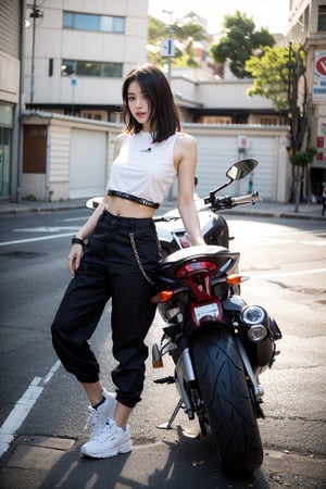 Create an image of a young woman standing confidently next to a vibrant red motorcycle parked on the side of a street. She has long, flowing dark hair that cascades down her back, and a few loose strands frame her face. Her features are striking, with a warm smile that radiates confidence and approachability.

She is dressed in a stylish white crop top that showcases her toned midriff, paired with fitted black pants that highlight her slim figure. On her feet, she wears trendy white sneakers that add a casual yet fashionable touch to her outfit. A pair of chic sunglasses rests atop her head, adding to her cool, laid-back vibe.

The motorcycle stands sleek and polished beside her, with details that accentuate its sporty design. In the background, a tree provides a natural touch, and a modern building hints at an urban setting. The woman poses with one hand confidently on her hip, while the other rests casually on the handlebars of the motorcycle. This pose conveys a sense of empowerment and freedom, capturing the essence of youth and adventure in a vibrant street scene.