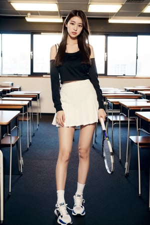  in a classroom, full  body , standing , view (from_below1.3) , one tall, 16 years japanese school girl ,  black tube top,  mini short skirt,  long legs with short socks, white tennis shoes,  innocent face ,  visible skin detail, skin fuzz, glossy skin, perfect hands, perfect long legs, perfect feet, perfect finger,  glamour body, massy  brown hair, (glamour1.5) ,  full body_shot,  1 girl,1 girl