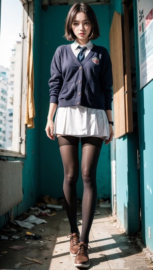 ultra low angle view up shot, Hong Kong abandoned school classroom, broken furnitrure, graffiti on wall , girl ,  full body tilted left,  walking, real girl , 18 years old Japanese girl, school uniform, knee high stockings, shy innocent face , face tilted left, ,long brown hair,  an with messy_bobcut and orgasmic expression , realistic dull skin noise, visible skin detail, skin fuzz, glossy skin, petite, remarkable color, POV, (photorealistic, realistic:1.3), natural_lighting, rule_of_thirds, Fujicolor_Pro_Film, night, 1 girl,  ,1 girl