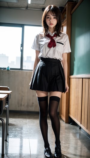 ultra low angle view up shot, Hong Kong abandoned school classroom, broken furnitrure, graffiti on wall , girl ,  full body side view,  walking, real girl , 18 years old Japanese girl, school uniform, knee high stockings, shy innocent face , face left, looking at left, long brown hair,  an with messy_bobcut and orgasmic expression , realistic dull skin noise, visible skin detail, skin fuzz, glossy skin, petite, remarkable color, POV, (photorealistic, realistic:1.3), natural_lighting, rule_of_thirds, Fujicolor_Pro_Film, night, 1 girl,  ,1 girl